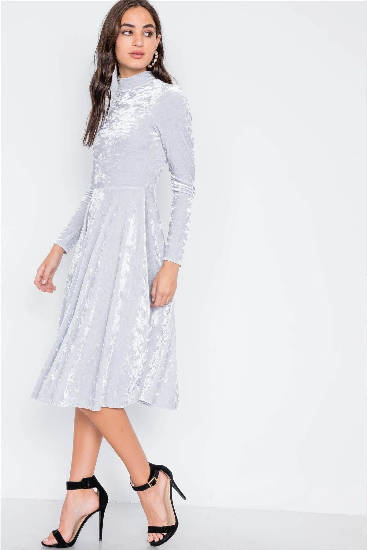 Light Grey Velvet Long Sleeve A-Line Midi Evening Dress - Tasha Apparel Wholesale