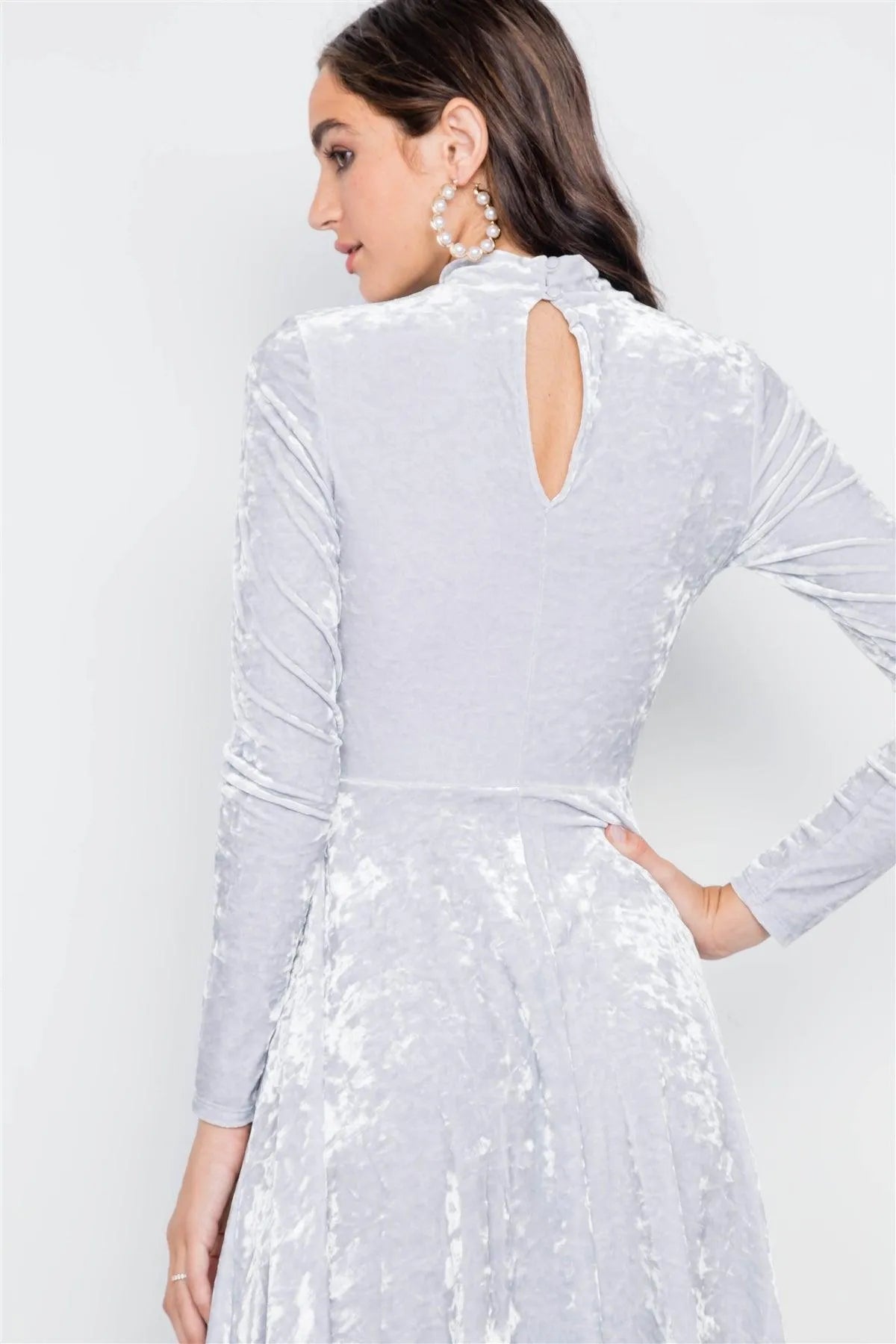 Light Grey Velvet Long Sleeve A-Line Midi Evening Dress - Tasha Apparel Wholesale