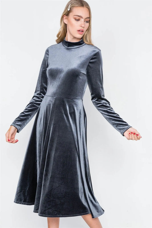 Charcoal Velvet Long Sleeve A-Line Midi Evening Dress - Tasha Apparel Wholesale
