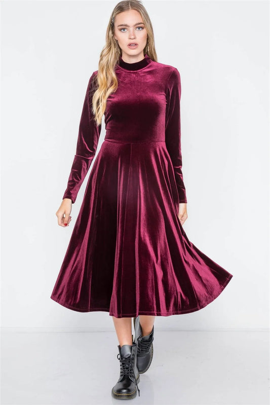 Wine Velvet Long Sleeve A-Line Midi Evening Dress - Tasha Apparel Wholesale