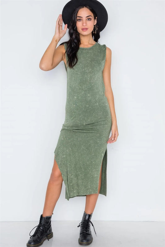 Olive Green Mineral Acid Wash Sleeveless Side Slit Midi Dress /2-2-2 - Tasha Apparel Wholesale