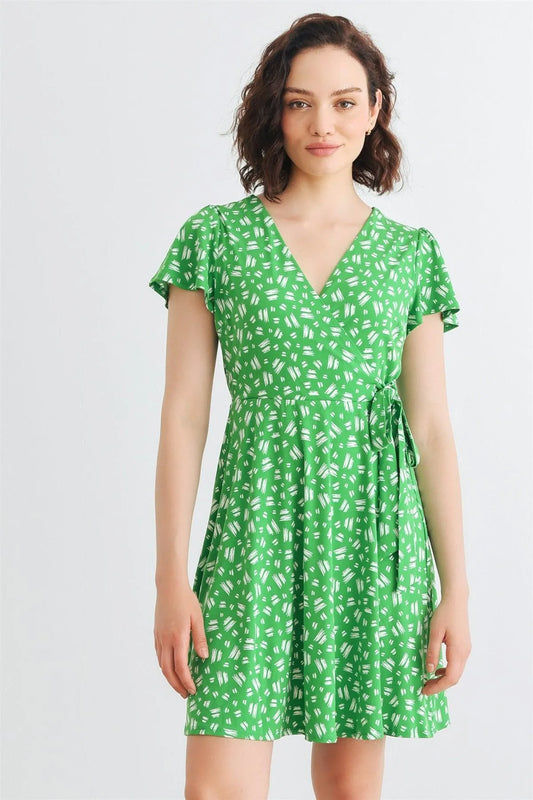 Green & White Print Wrap Neck Short Sleeve Tie Mini Dress /2-2-2 - Tasha Apparel Wholesale