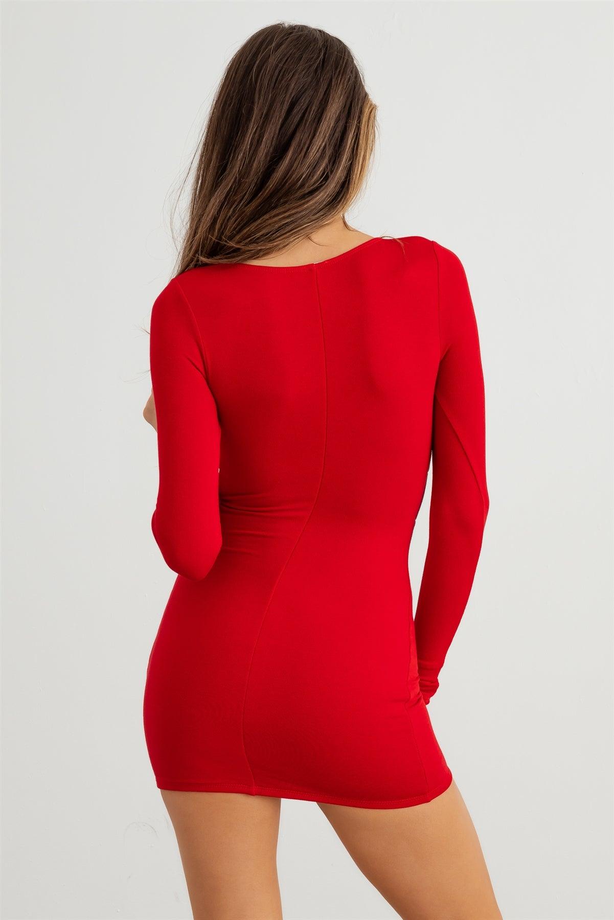 Red Lace-Up Cut-Out Front Long Sleeve Mini Dress /2-2-2