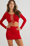 Red Lace-Up Cut-Out Front Long Sleeve Mini Dress /2-2-2