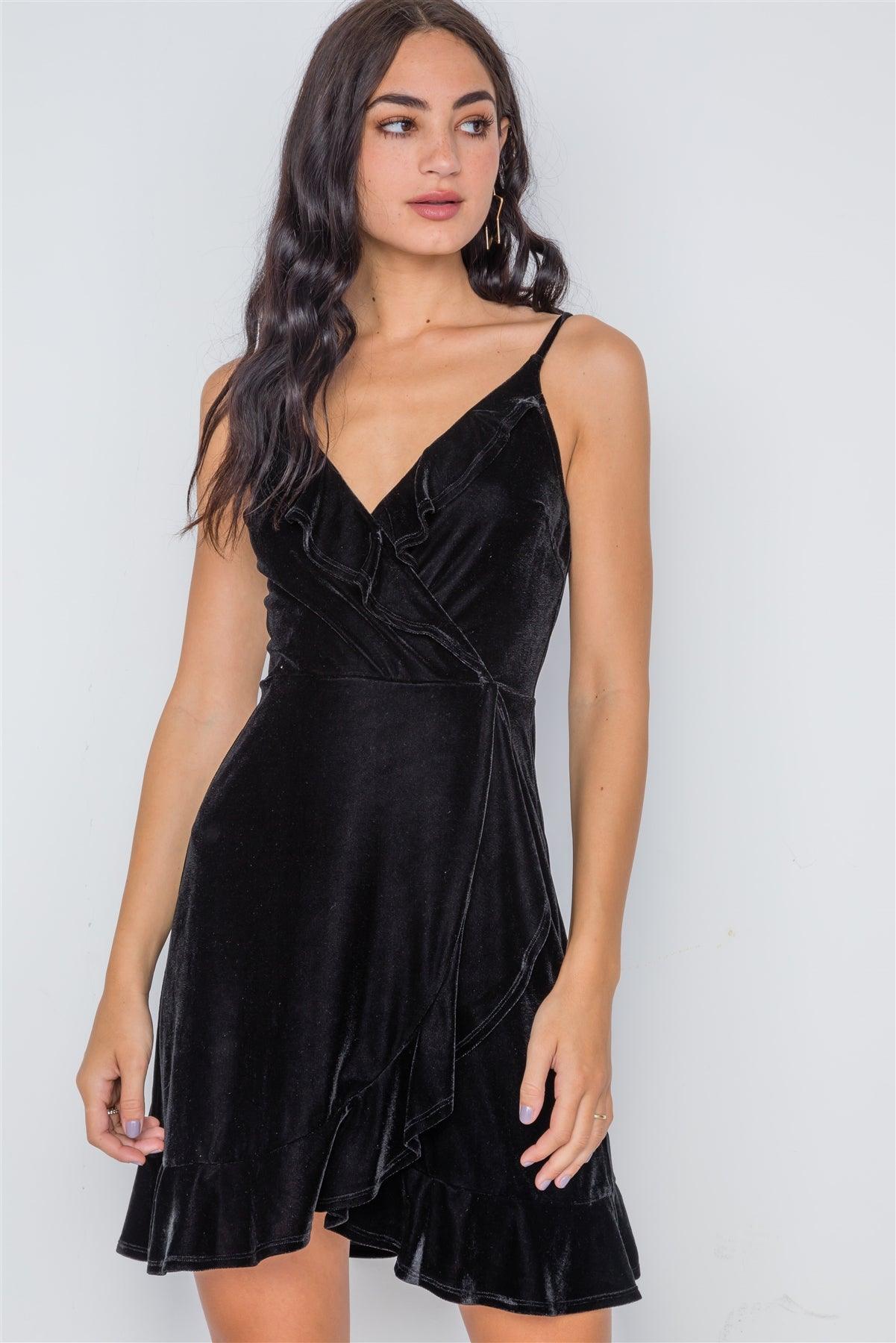 Black Velvet Cami Surplice Neck Ruffle Mini Dress /1-2-2