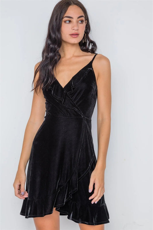 Black Velvet Cami Surplice Neck Ruffle Mini Dress /2-2-2 - Tasha Apparel Wholesale