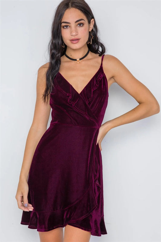 Burgundy Velvet Cami Surplice Neck Ruffle Mini Dress - Tasha Apparel Wholesale