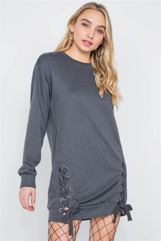 Charcoal Knit Lace-Up Long Sleeve Sweater Dress /2-2-2 - Tasha Apparel Wholesale