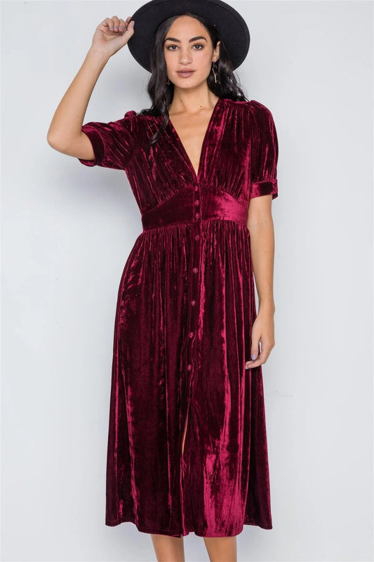 Burgundy Velvet Short Sleeve Button Down Midi Dress /2-2-2 - Tasha Apparel Wholesale