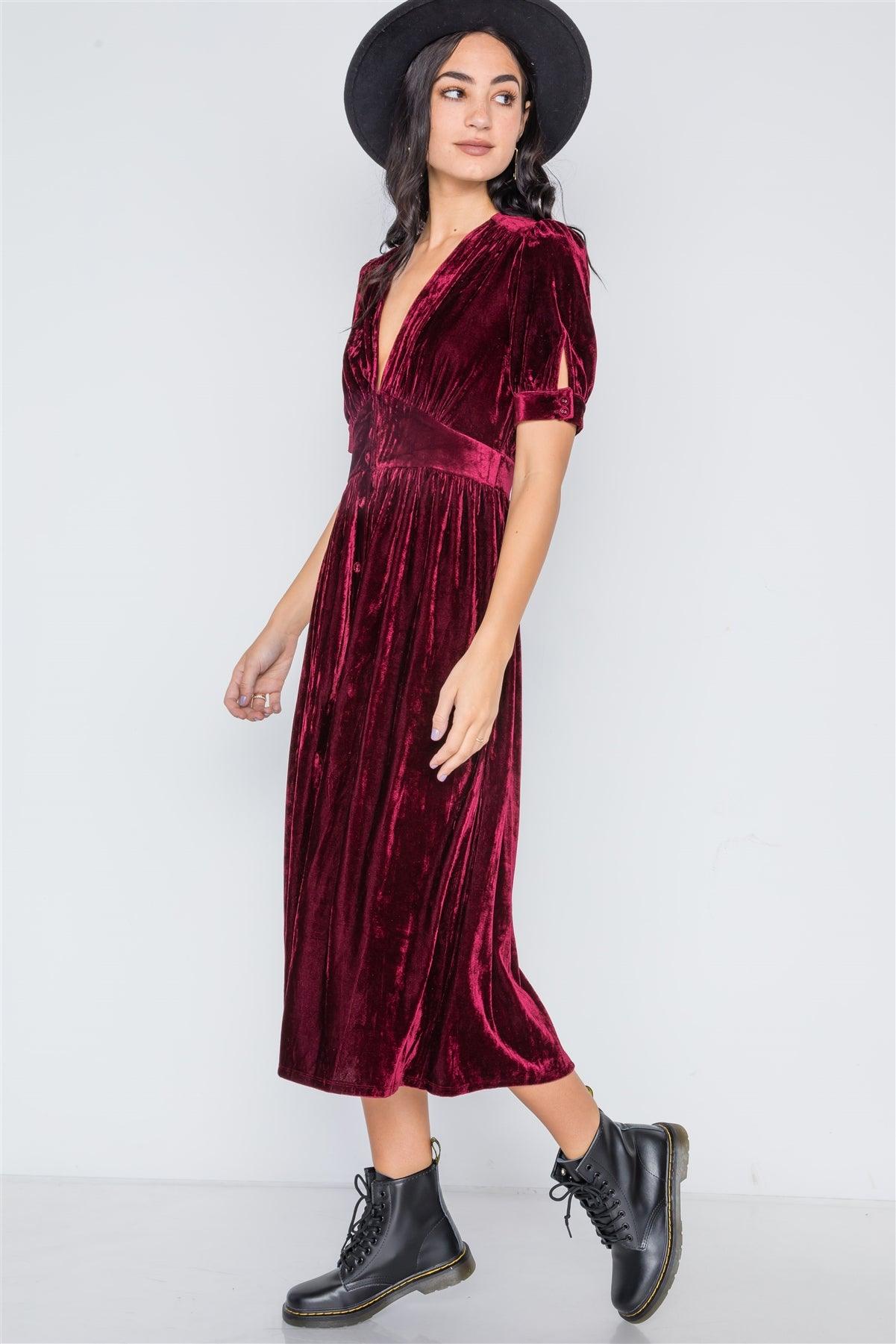 Burgundy Velvet Short Sleeve Button Down Midi Dress /2-2-2