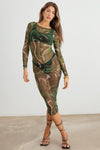 Green & Ivory Abstract Mesh Stitch Detail Long Sleeve Midi Dress /2-2-2