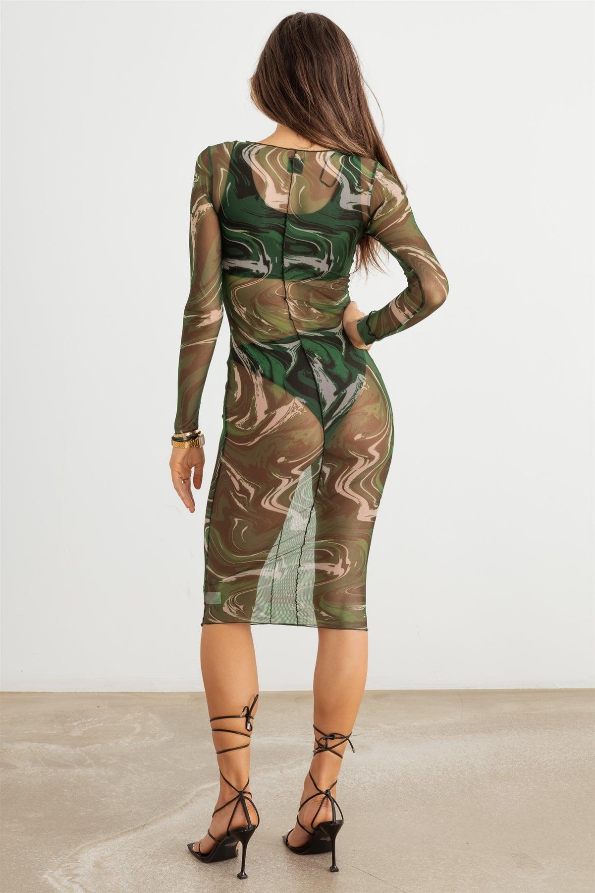 Green & Ivory Abstract Mesh Stitch Detail Long Sleeve Midi Dress /2-2-2