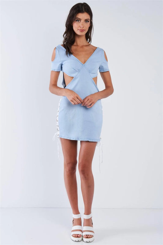 Light Blue Denim With White Side Seam Lace Up Cold Shoulder Cut Out Mini Sun Dress /2-2-2 - Tasha Apparel Wholesale