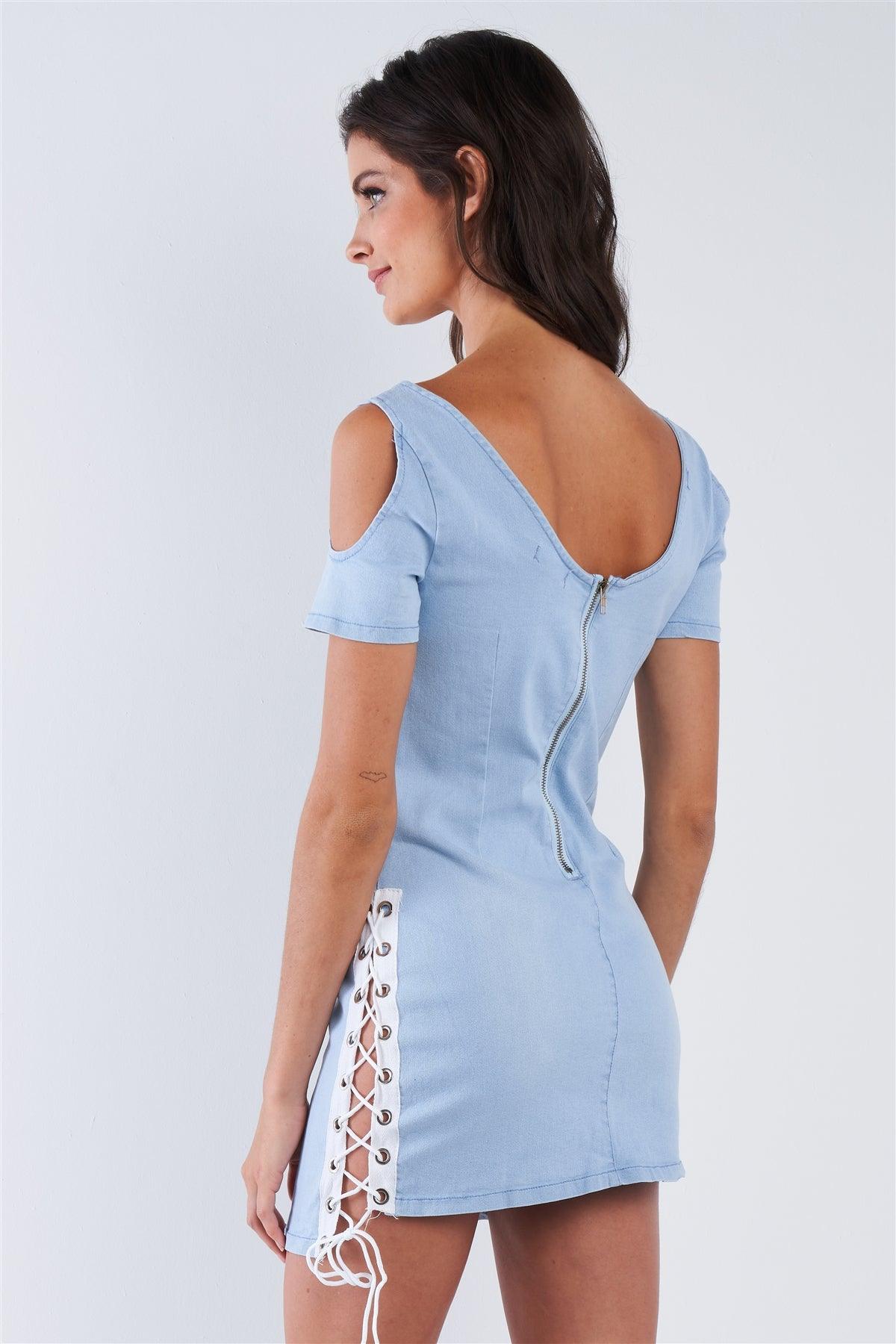 Light Blue Denim With White Side Seam Lace Up Cold Shoulder Cut Out Mini Sun Dress /2-2-2