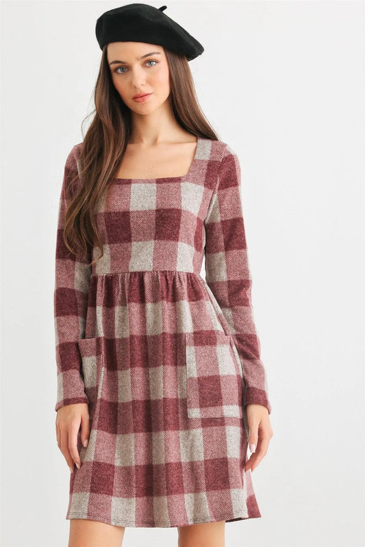 Wine & Taupe Plaid Two Pocket Square Neck Long Sleeve Mini Dress /2-2-2 - Tasha Apparel Wholesale