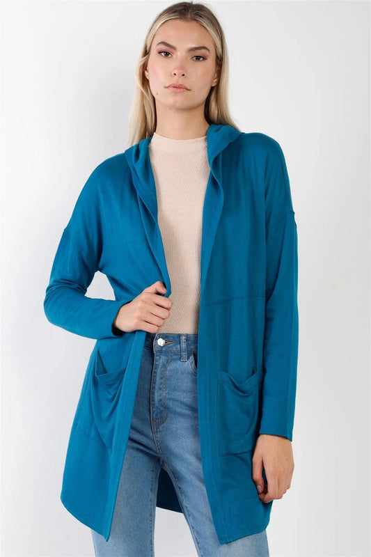 Blue Long Sleeve Open Front Hooded Cardigan /2-2-2 - Tasha Apparel Wholesale