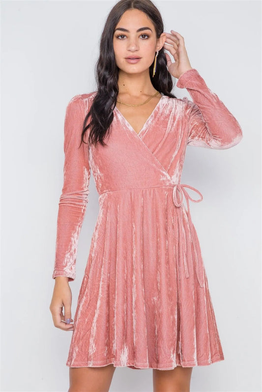 Blush Velvet Fit & Flare Long Sleeve Mini Dress /2-2-2 - Tasha Apparel Wholesale