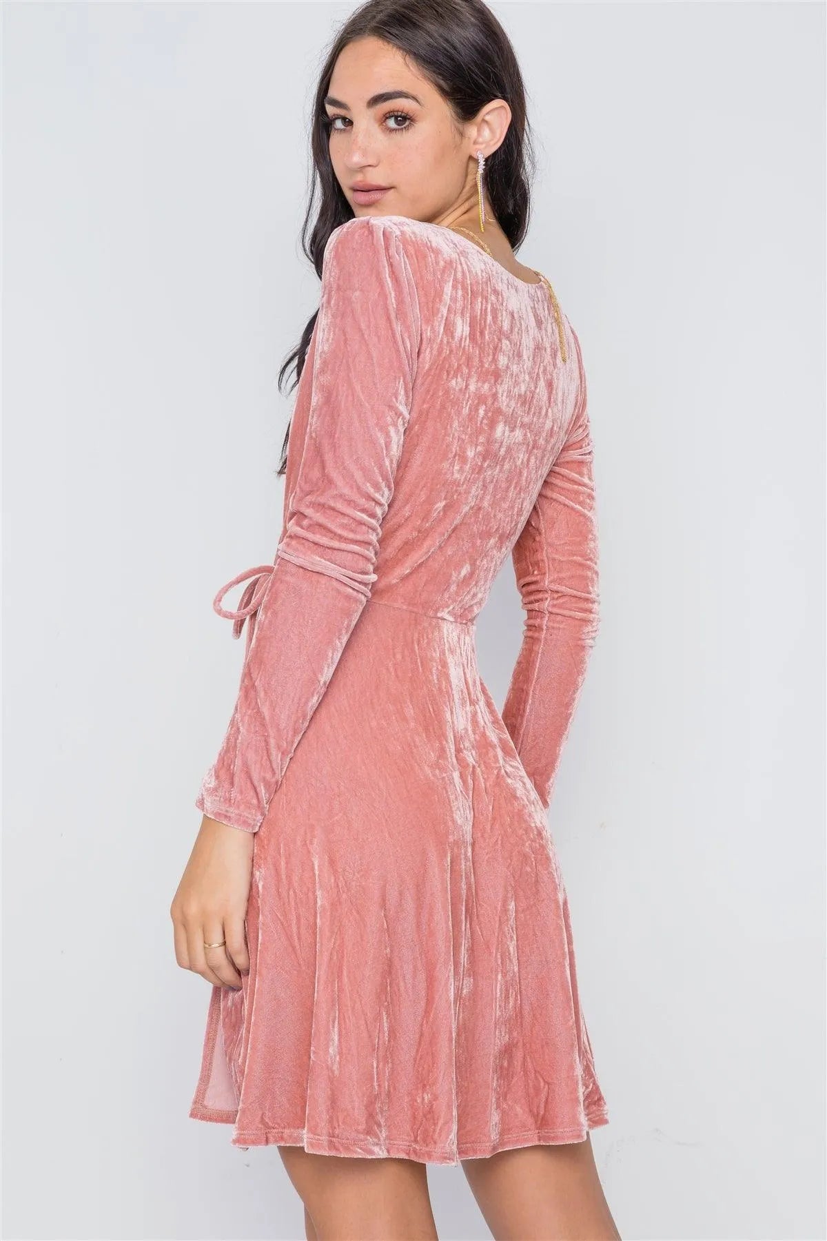 Blush Velvet Fit & Flare Long Sleeve Mini Dress /2-2-2 - Tasha Apparel Wholesale
