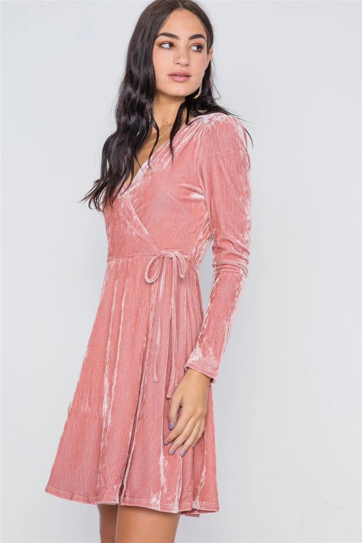 Blush Velvet Fit & Flare Long Sleeve Mini Dress /2-2-2 - Tasha Apparel Wholesale