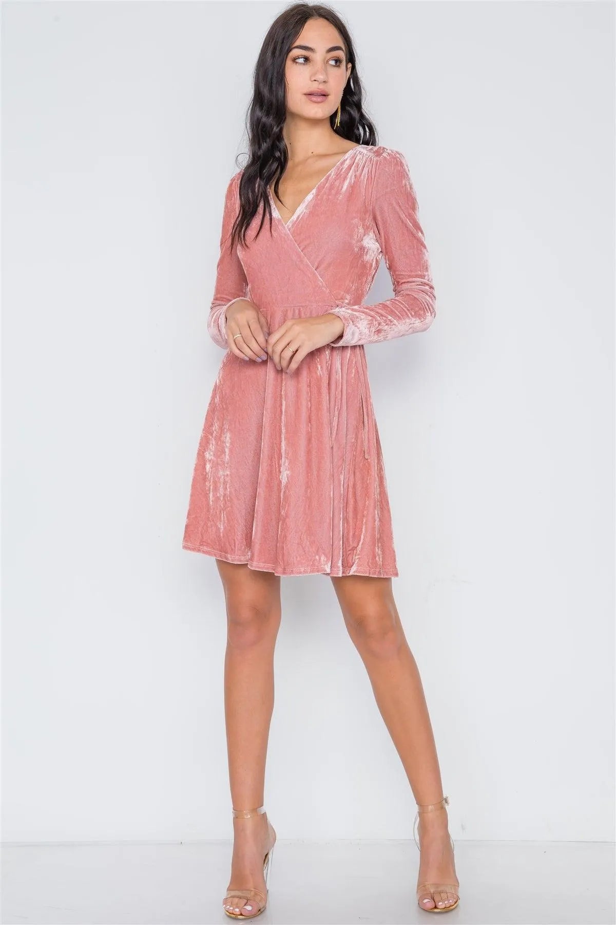 Blush Velvet Fit & Flare Long Sleeve Mini Dress /2-2-2 - Tasha Apparel Wholesale