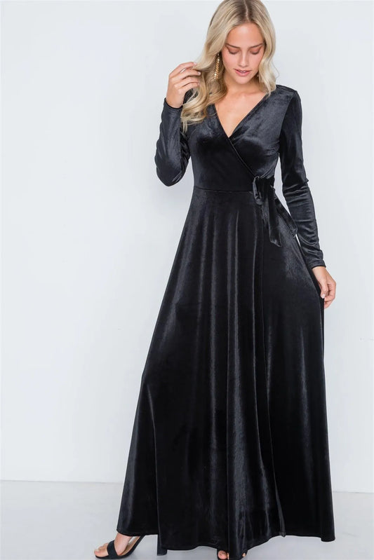 Black Velvet Surplice Neck Maxi Evening Dress /2-2-2 - Tasha Apparel Wholesale