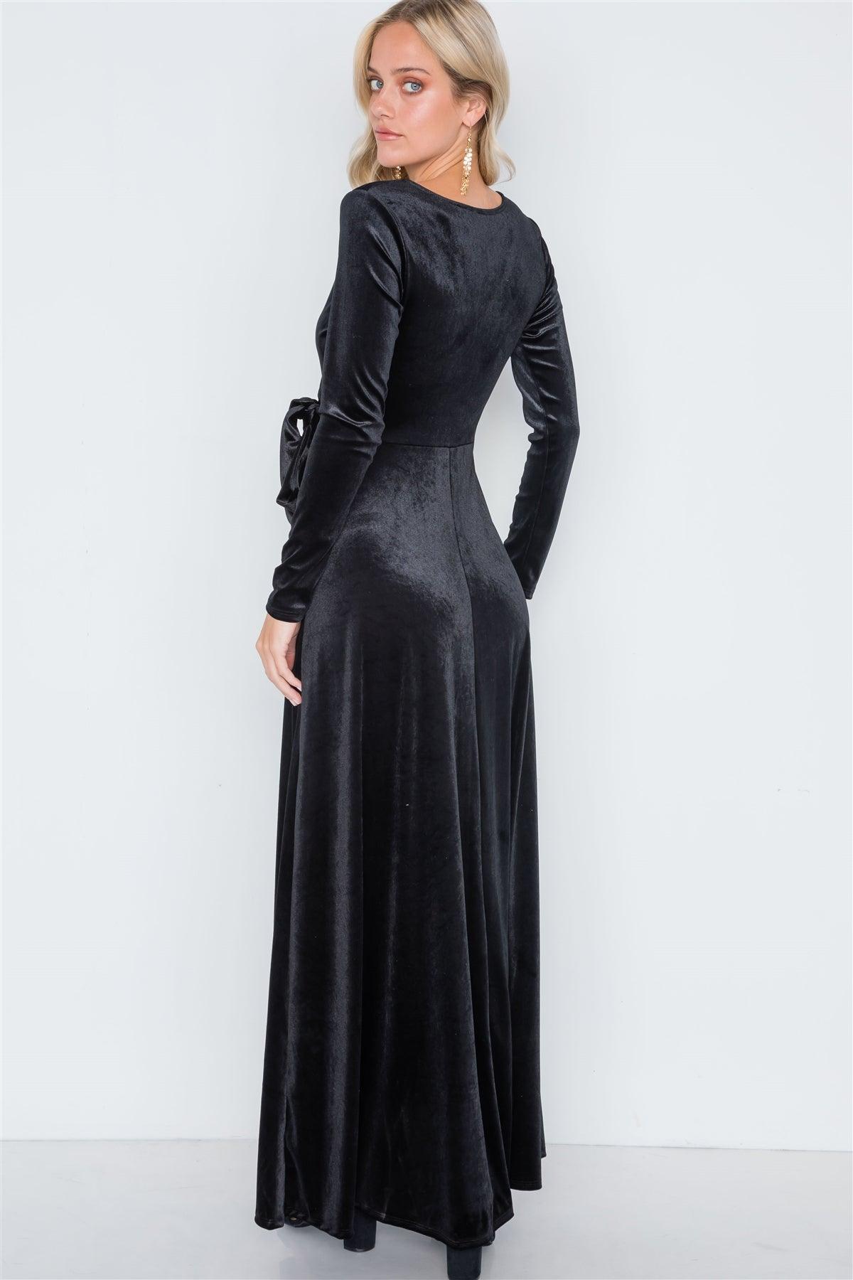 Black Velvet Surplice Neck Maxi Evening Dress /2-2-2