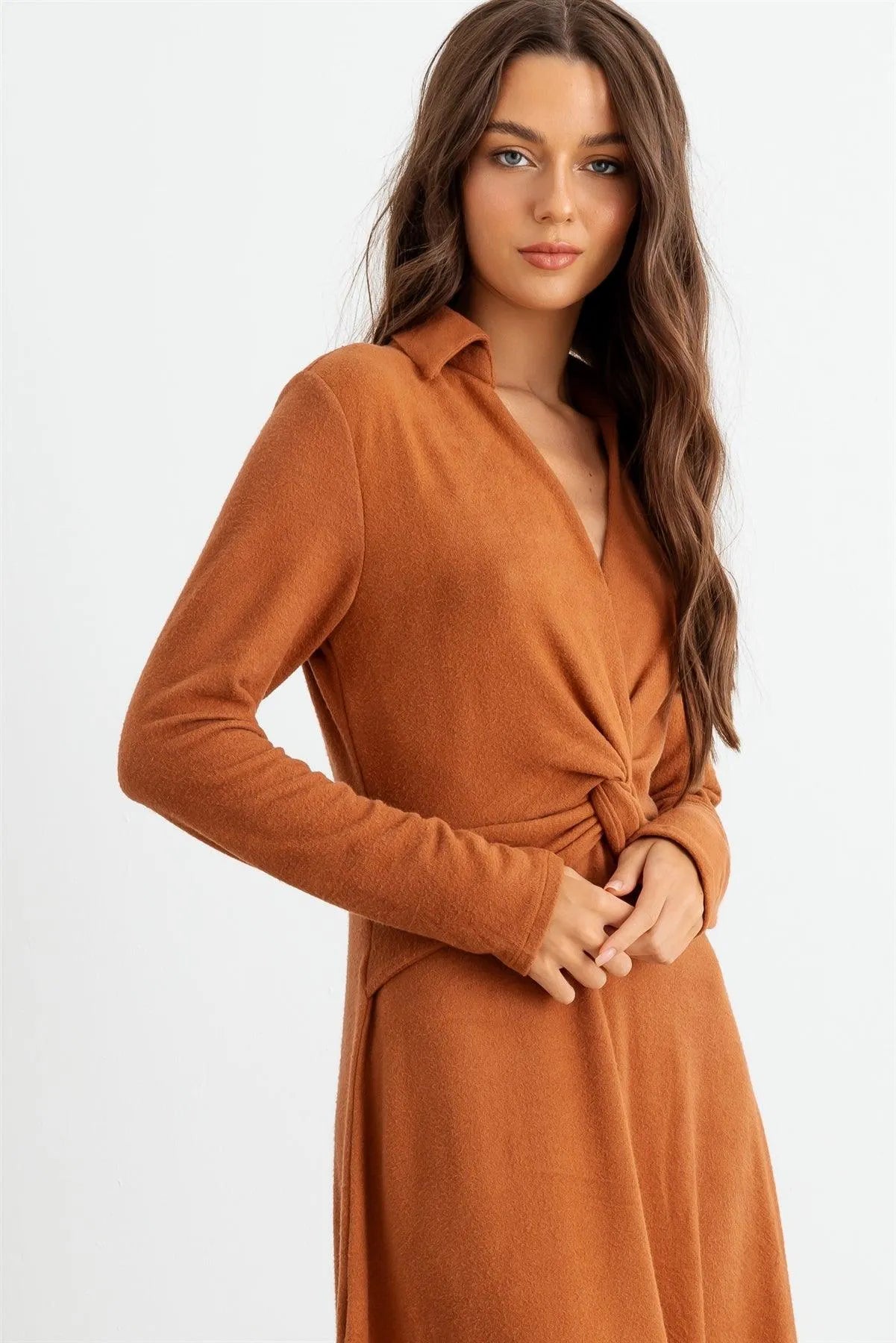 Rust Collar Neck Long Sleeve Twist Front Midi Dress /1-2-2 - Tasha Apparel Wholesale