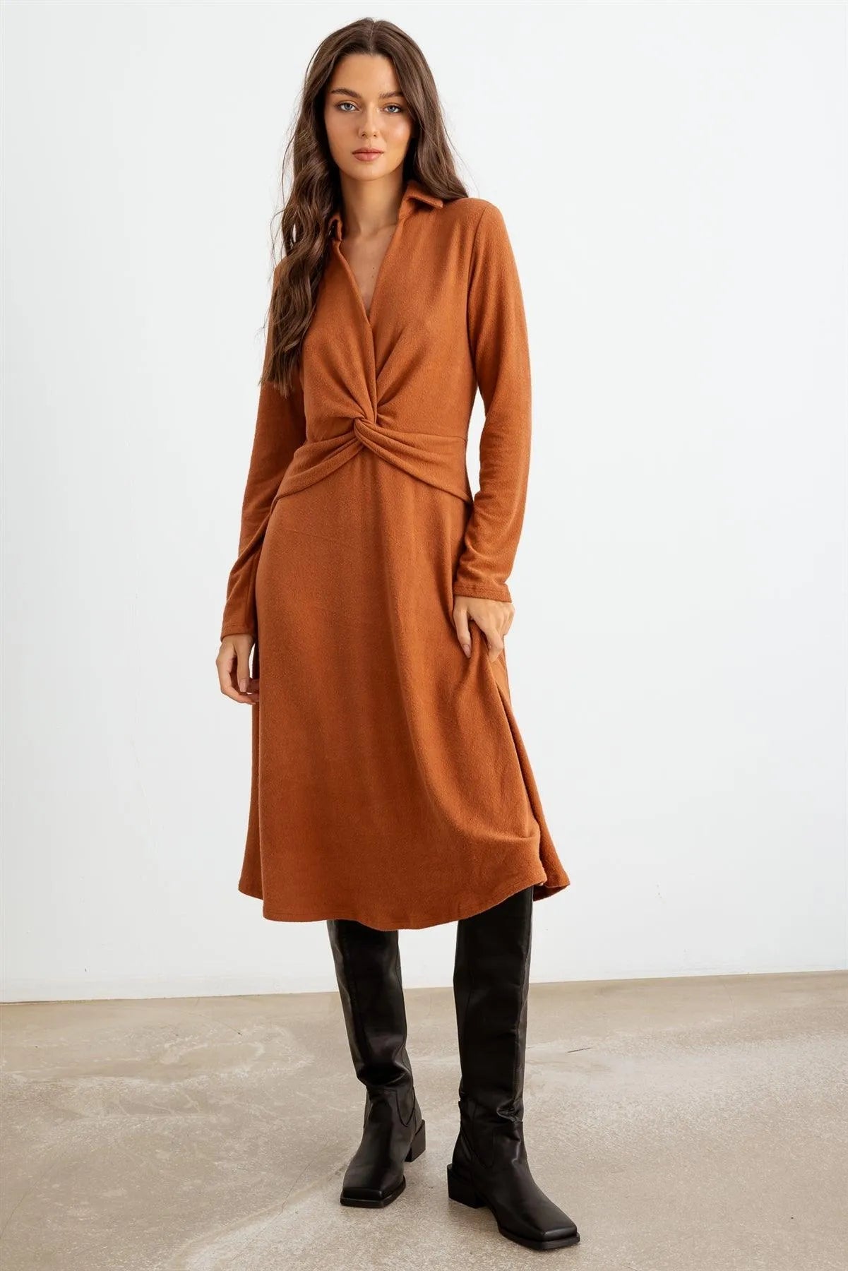 Rust Collar Neck Long Sleeve Twist Front Midi Dress /2-2-2 - Tasha Apparel Wholesale