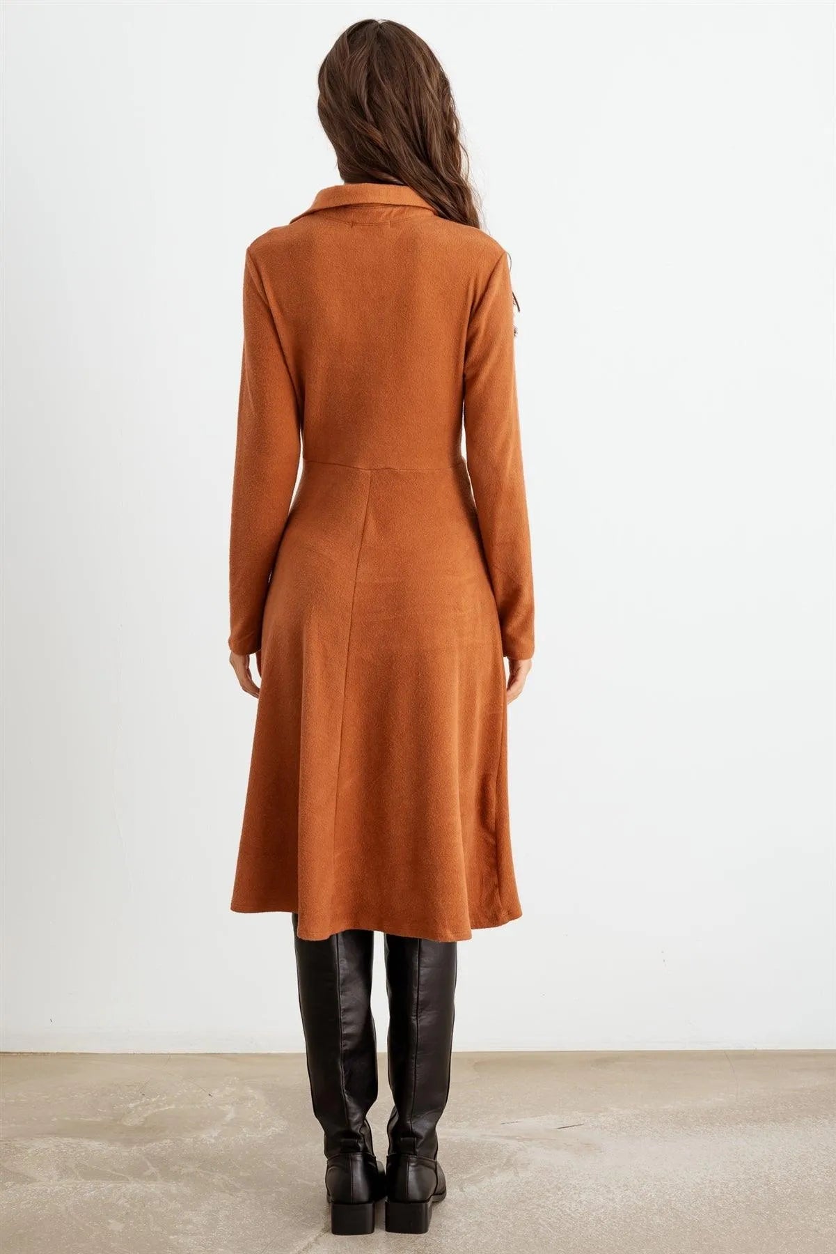 Rust Collar Neck Long Sleeve Twist Front Midi Dress /2-2-2 - Tasha Apparel Wholesale