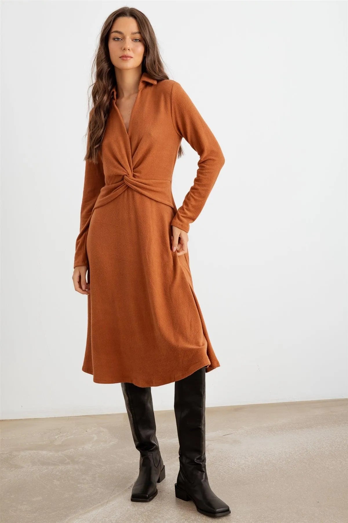 Rust Collar Neck Long Sleeve Twist Front Midi Dress /2-2-2 - Tasha Apparel Wholesale