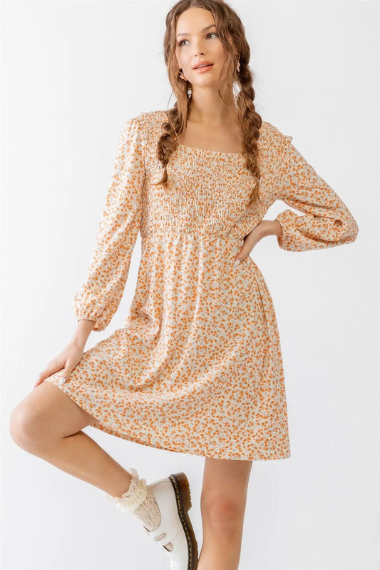 Ivory & Orange Flower Smocked Puff Long Sleeve Mini Dress /2-2-2 - Tasha Apparel Wholesale