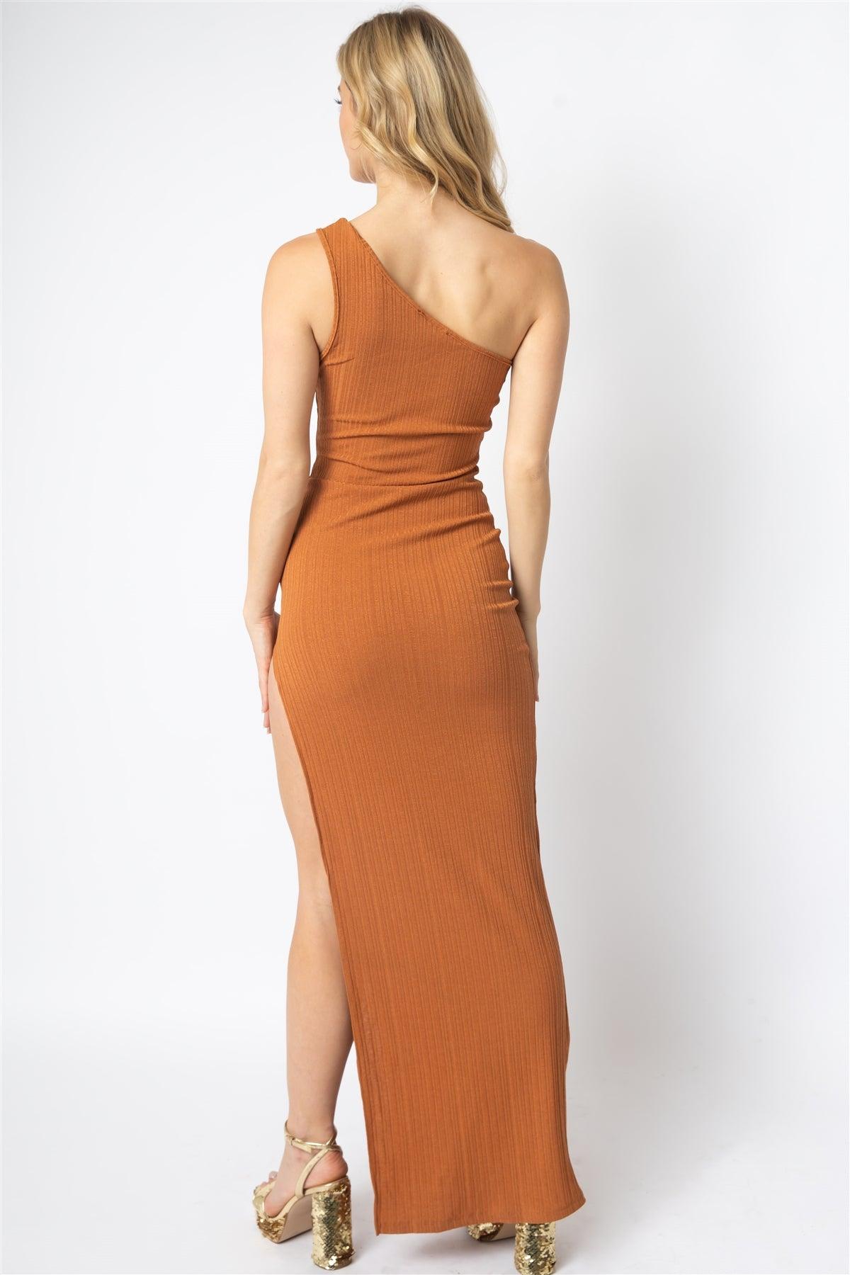 Lexie Rust Ribbed One Shoulder Maxi Dress
