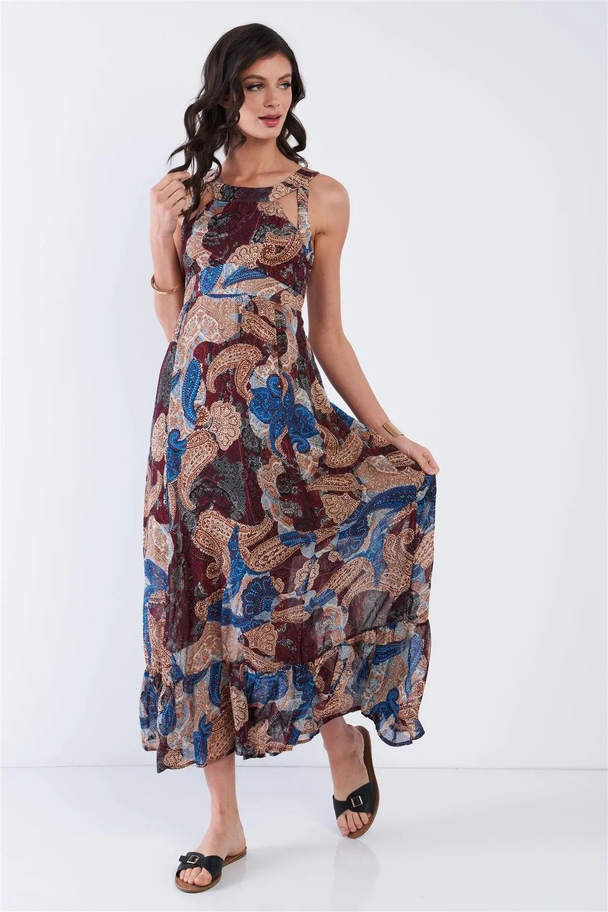 Blue Halter Neck Empire Waist Racerback Maxi Dress /2-2-2 - Tasha Apparel Wholesale