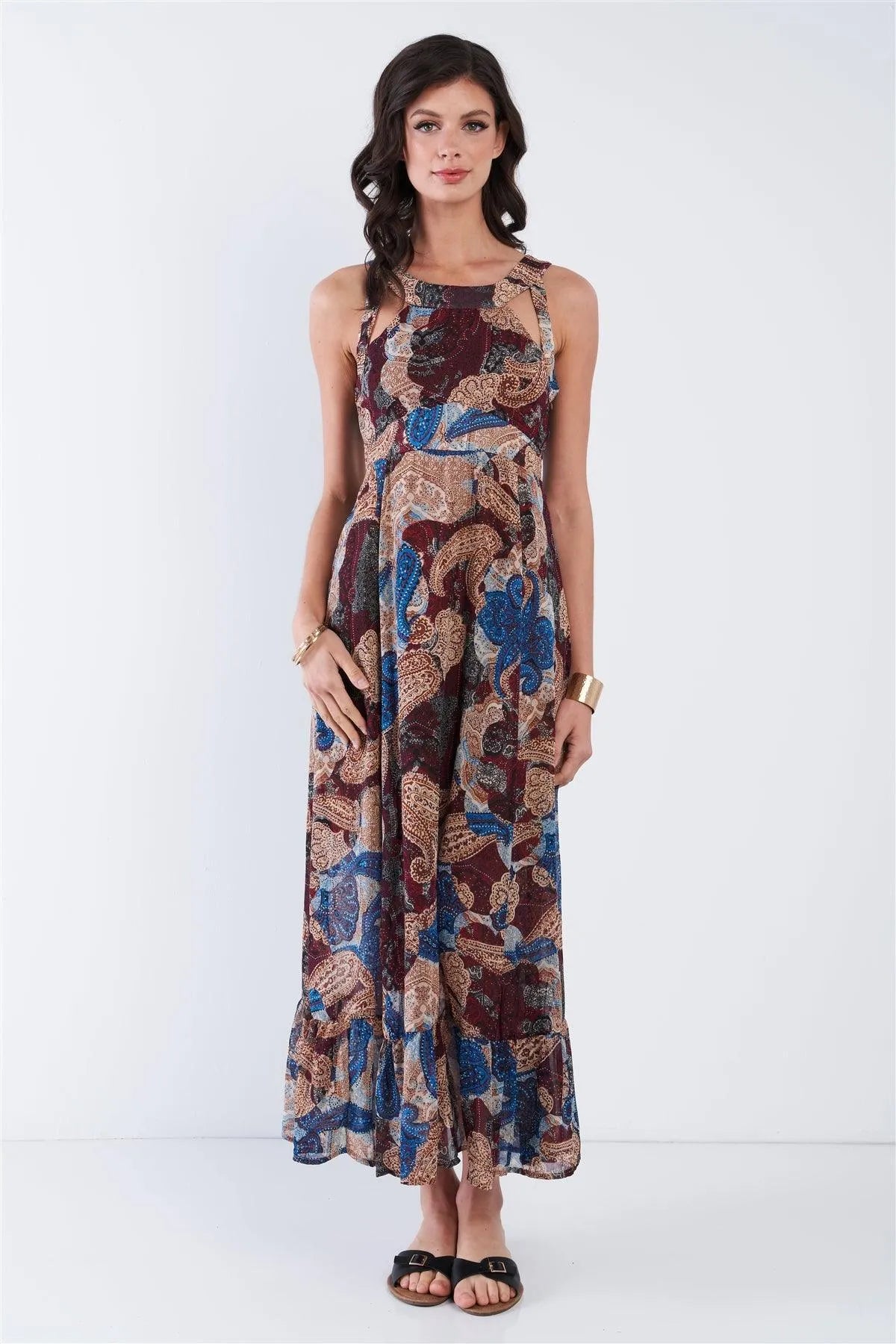Blue Halter Neck Empire Waist Racerback Maxi Dress /2-2-2 - Tasha Apparel Wholesale