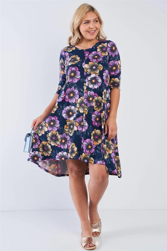 Junior Plus Navy Floral 3/4 Sleeve Midi Dress /2-2-2 - Tasha Apparel Wholesale