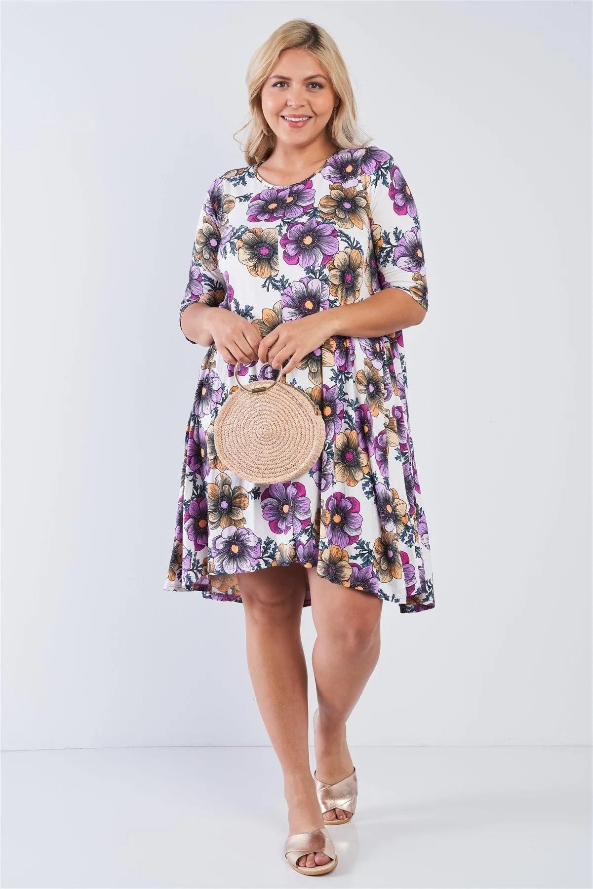 Junior Plus White Floral 3/4 Sleeve Midi Dress /2-2-2 - Tasha Apparel Wholesale