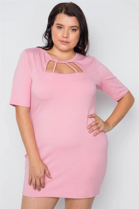 Junior Plus Size Blush Cutout Chest Mini Bodycon Dress /2-2-2 - Tasha Apparel Wholesale