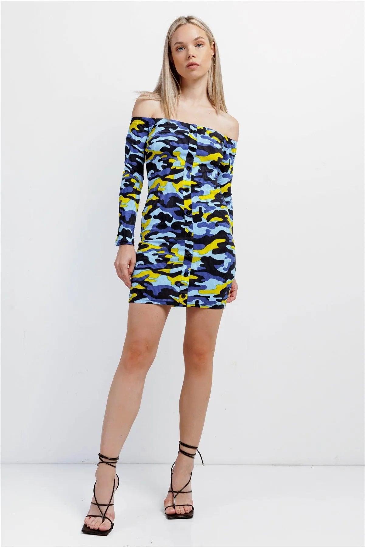 Blue Multicolor Camo Ribbed Off-The-Shoulder Button Down Bodycon Mini Dress /1-2-2 - Tasha Apparel Wholesale