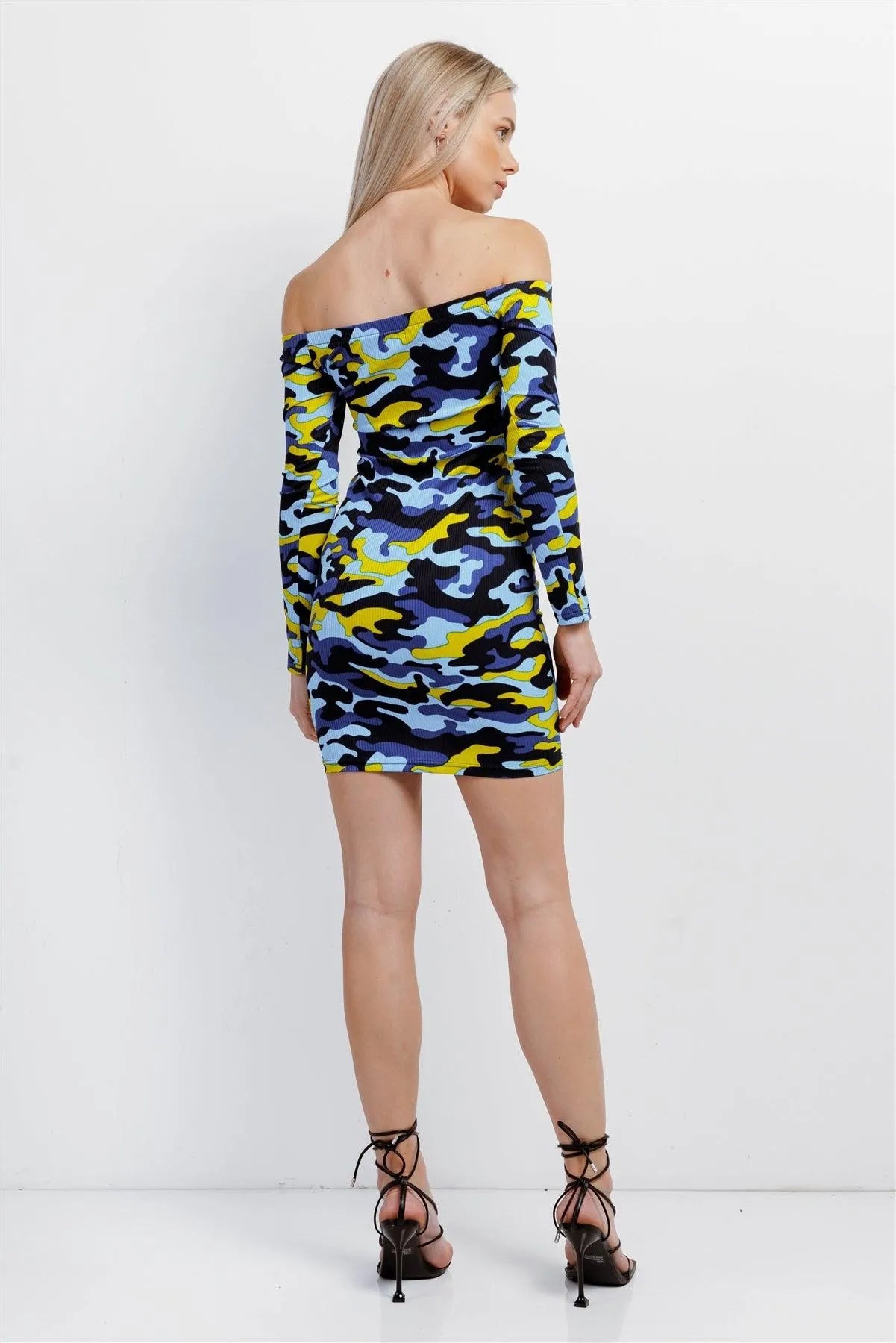 Blue Multicolor Camo Ribbed Off-The-Shoulder Button Down Bodycon Mini Dress /1-2-2 - Tasha Apparel Wholesale
