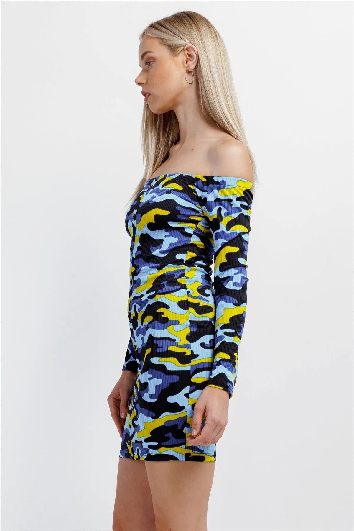 Blue Multicolor Camo Ribbed Off-The-Shoulder Button Down Bodycon Mini Dress /1-2-2 - Tasha Apparel Wholesale