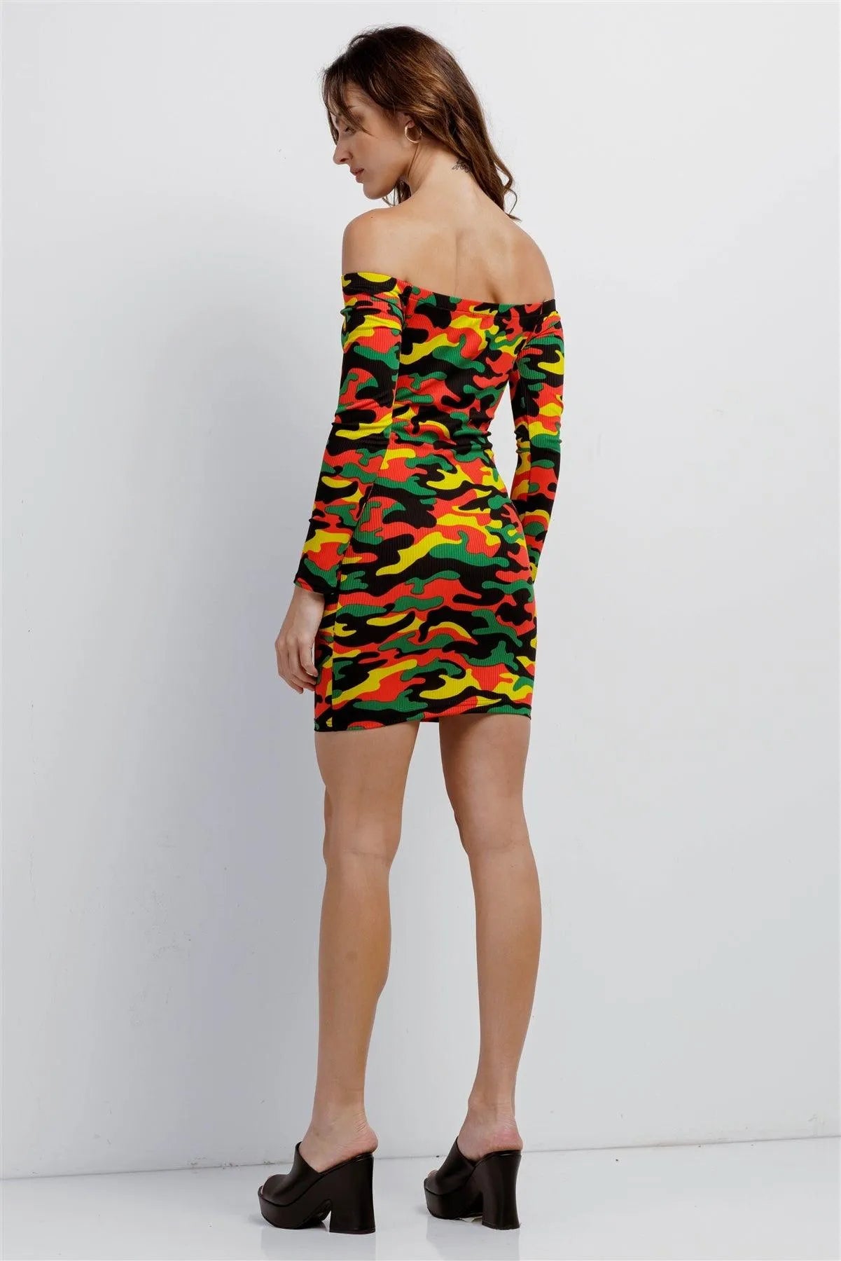 Green & Yellow Camo Ribbed Off-The-Shoulder Button Down Bodycon Mini Dress  /2-2-2