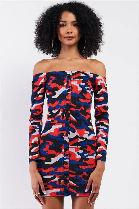 Red Multi Camo Ribbed Off-The-Shoulder Button Down Bodycon Mini Dress /2-2-2 - Tasha Apparel Wholesale