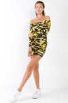 Yellow & Beige Camo Ribbed Off-The-Shoulder Button Down Bodycon Mini Dress /2-2-2