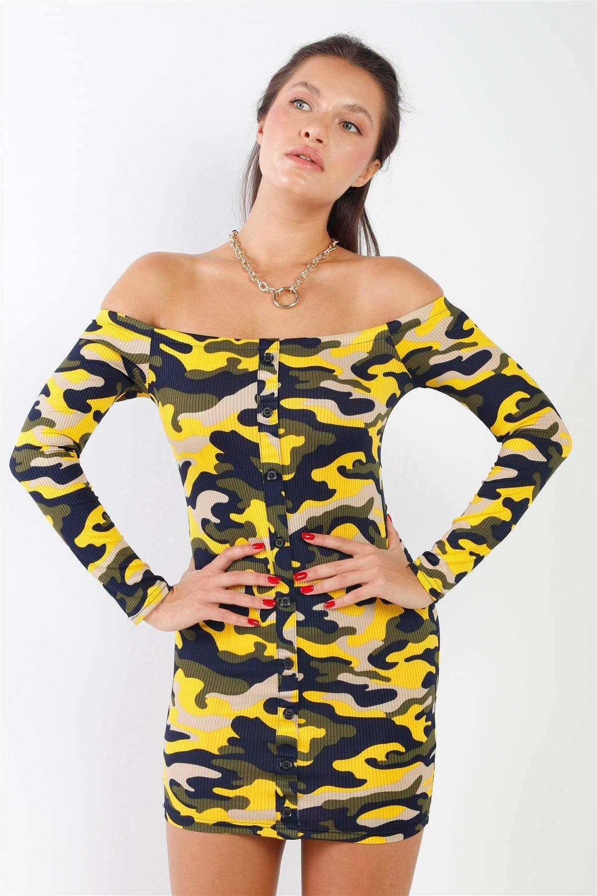 Yellow & Beige Camo Ribbed Off-The-Shoulder Button Down Bodycon Mini Dress /2-2-2