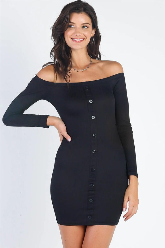 Black Ribbed Off-The-Shoulder Button Down Bodycon Mini Dress /2-2-2 - Tasha Apparel Wholesale