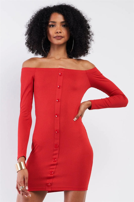 Red Ribbed Off-The-Shoulder Button Down Bodycon Mini Dress /2-2-2 - Tasha Apparel Wholesale