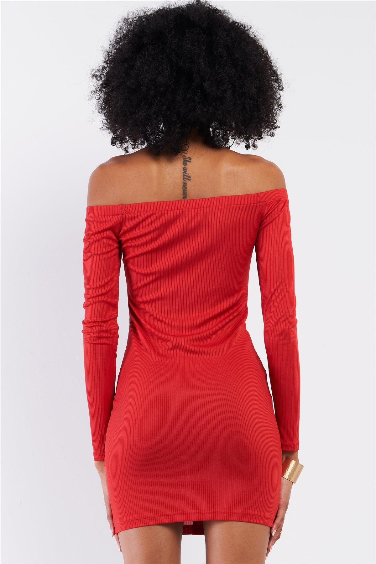 Red Ribbed Off-The-Shoulder Button Down Bodycon Mini Dress /2-2-2