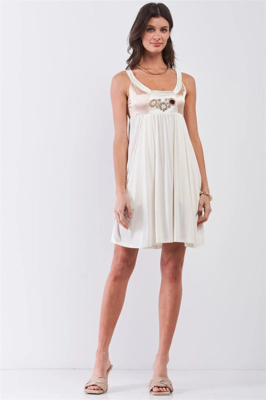 Dear Juliet White & Champagne Gold Sleeveless Embroidered Satin Detail Mini Dress /3-2 - Tasha Apparel Wholesale