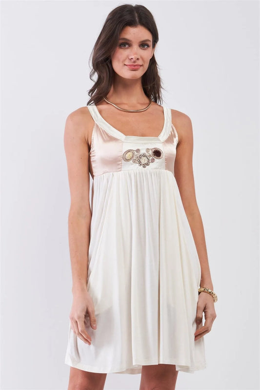 Dear Juliet White & Champagne Gold Sleeveless Embroidered Satin Detail Mini Dress /3-3 - Tasha Apparel Wholesale