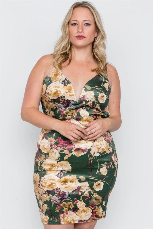 Junior Plus Size Hunter Green Velvet Cami Floral Bodycon Mini Dress /2-2-2 - Tasha Apparel Wholesale